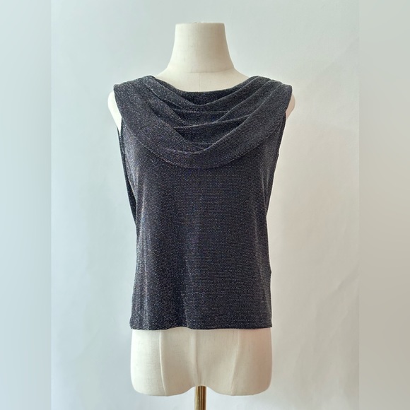 Xscape By Lawrence Kurtz Draped Metallic Silver Black Top - Picture 3 of 9